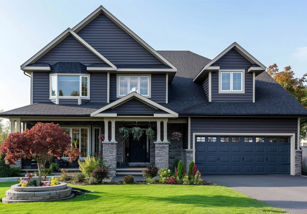 Blue-gray house exterior with white trim and a covered front porch